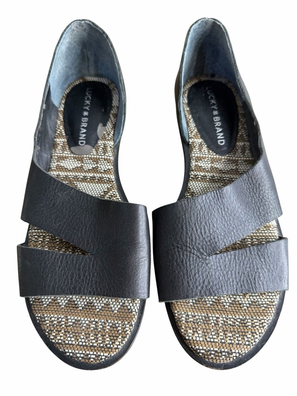 Lucky Brand Felicitas Leather Flat Sandals size 7.5M Black Vintage-Inspired Boho